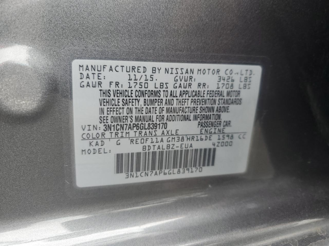 2016 Nissan Versa S VIN: 3N1CN7AP6GL839170 Lot: 86482805