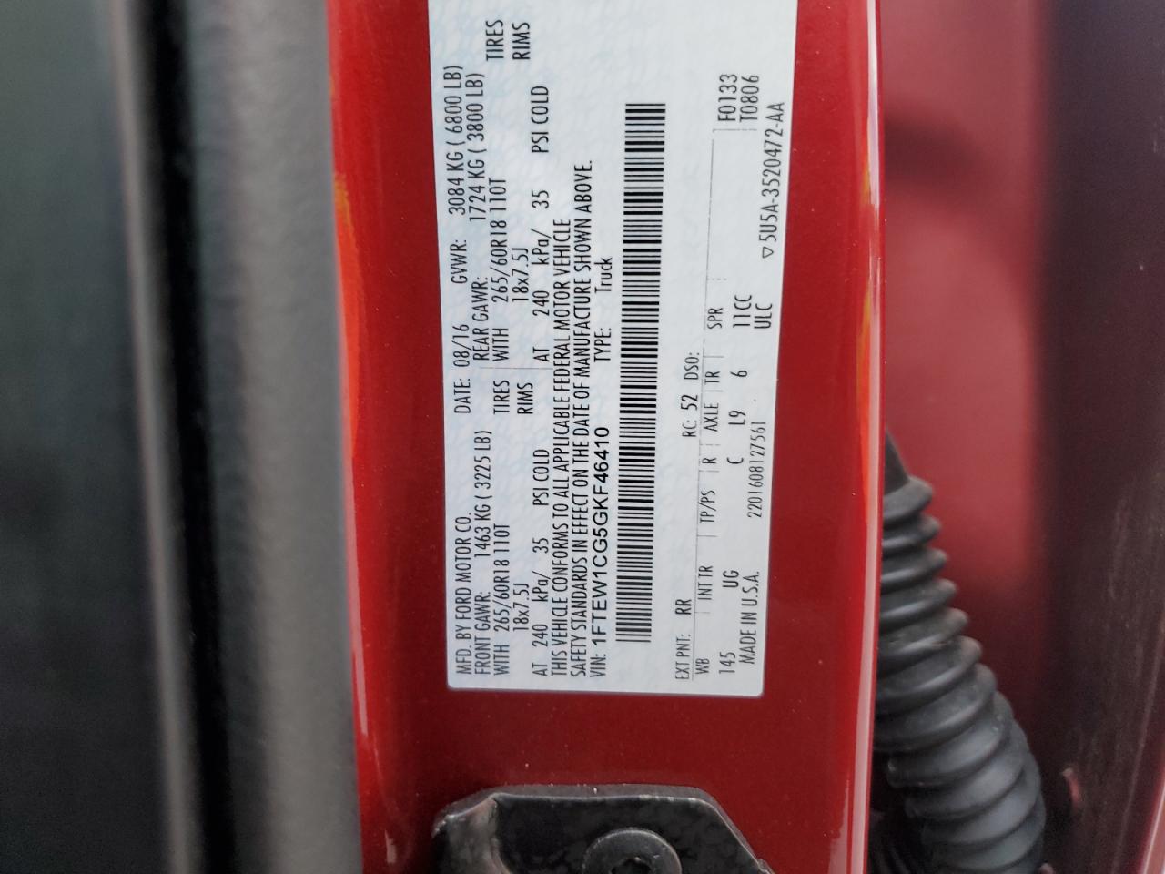 2016 Ford F150 Supercrew VIN: 1FTEW1CG5GKF46410 Lot: 82440675