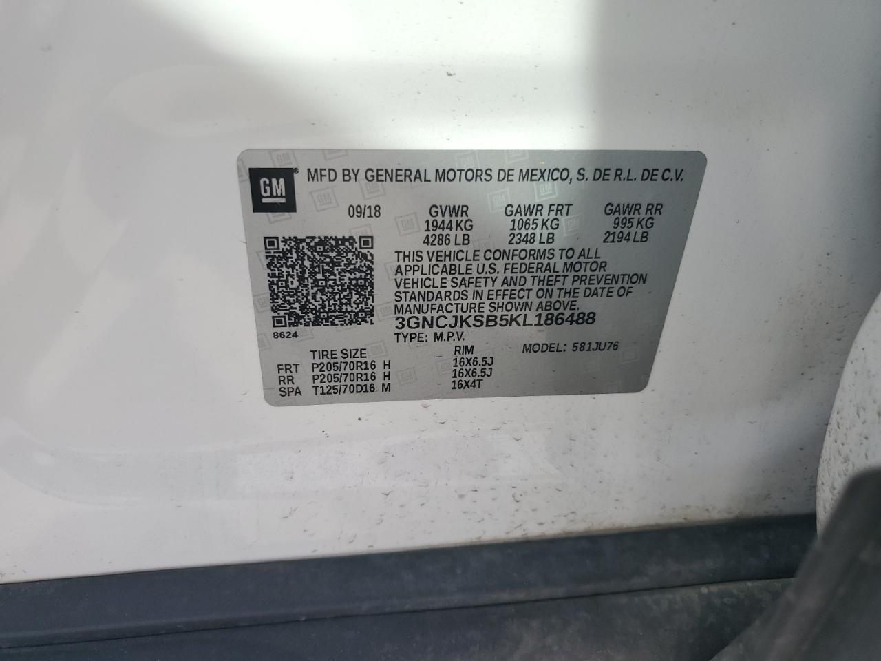 2019 Chevrolet Trax Ls VIN: 3GNCJKSB5KL186488 Lot: 89918375