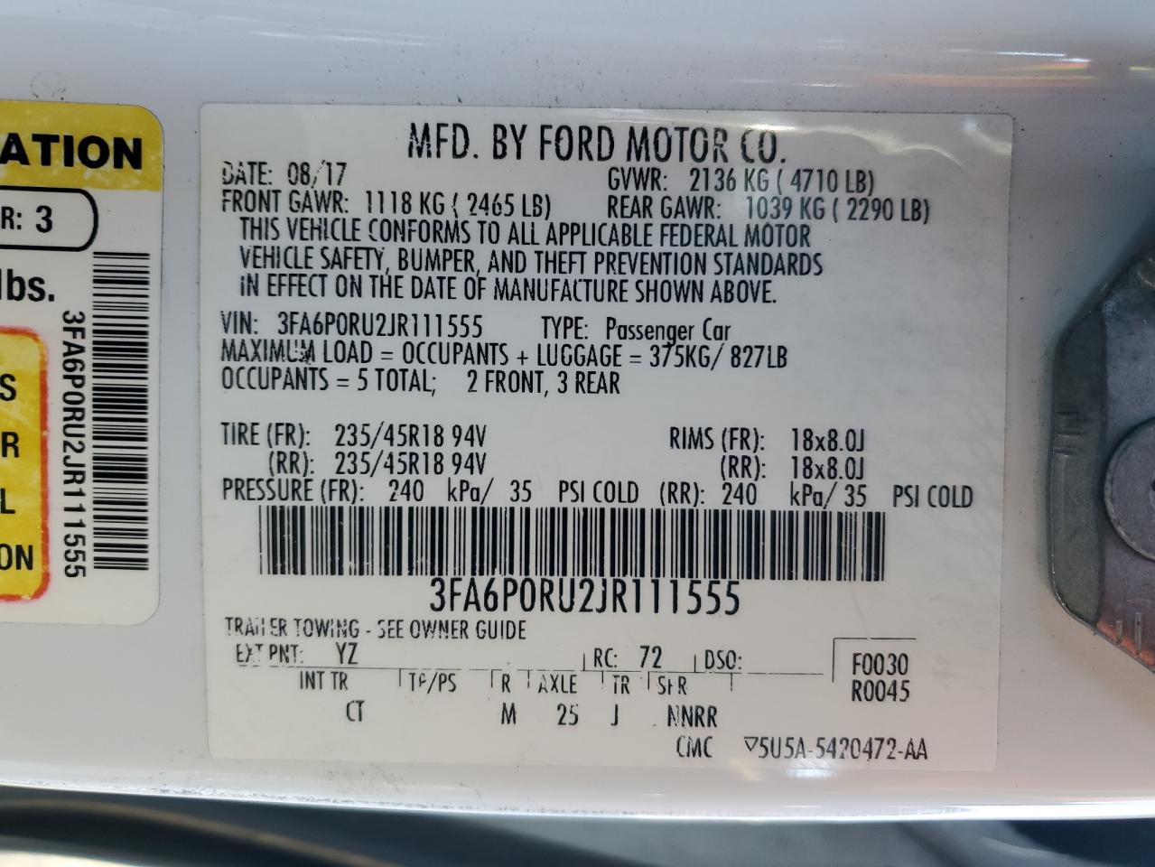 2018 Ford Fusion Titanium/Platinum Hev VIN: 3FA6P0RU2JR111555 Lot: 82228915