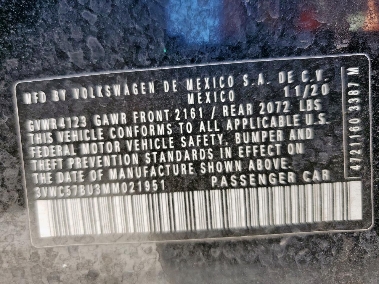 2021 Volkswagen Jetta S VIN: 3VWC57BU3MM021951 Lot: 86608125