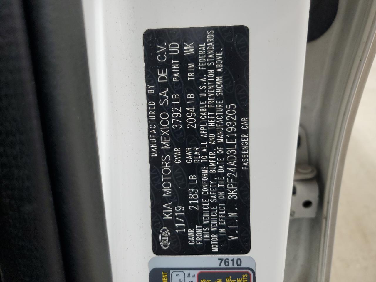 2020 Kia Forte Fe VIN: 3KPF24AD3LE193205 Lot: 89708955