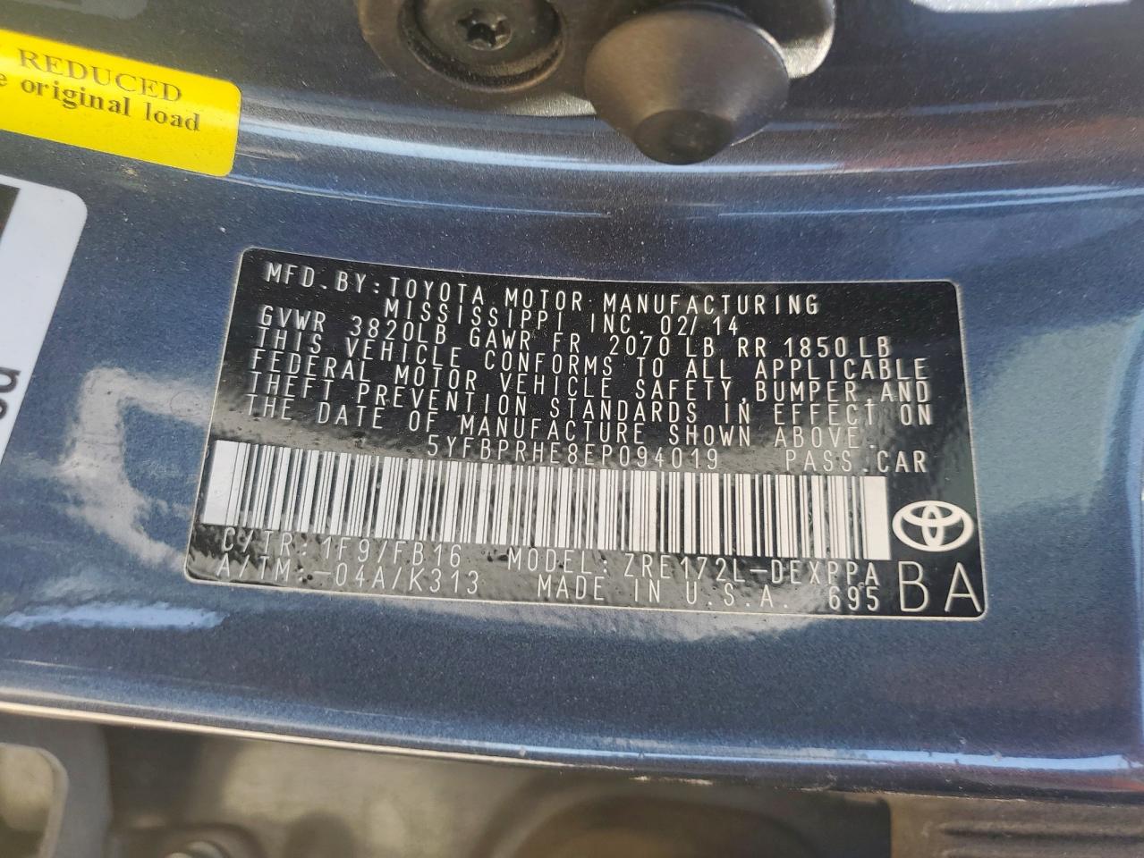 2014 Toyota Corolla Eco VIN: 5YFBPRHE8EP094019 Lot: 82256485