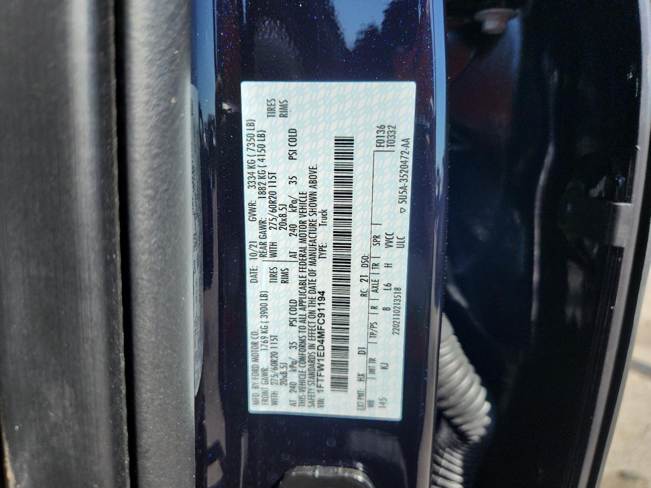 2021 Ford F150 Supercrew VIN: 1FTFW1ED4MFC91194 Lot: 84579655