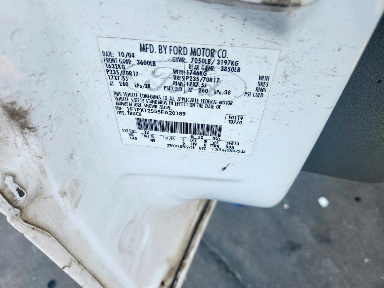 2005 Ford F150 VIN: 1FTPX12555FA20189 Lot: 86463055