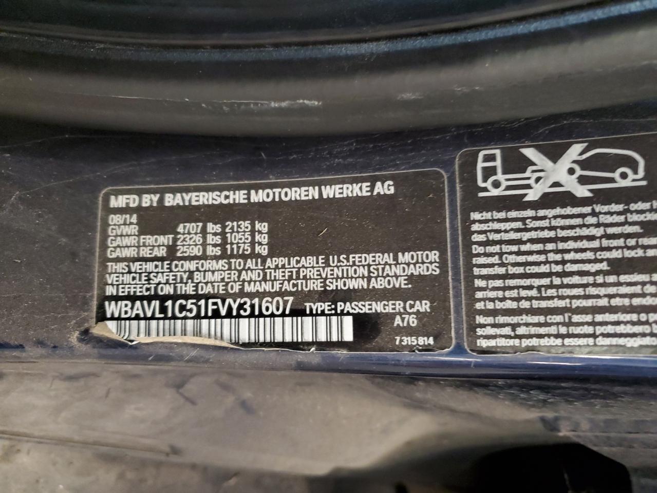 2015 BMW X1 xDrive28I VIN: WBAVL1C51FVY31607 Lot: 84773755