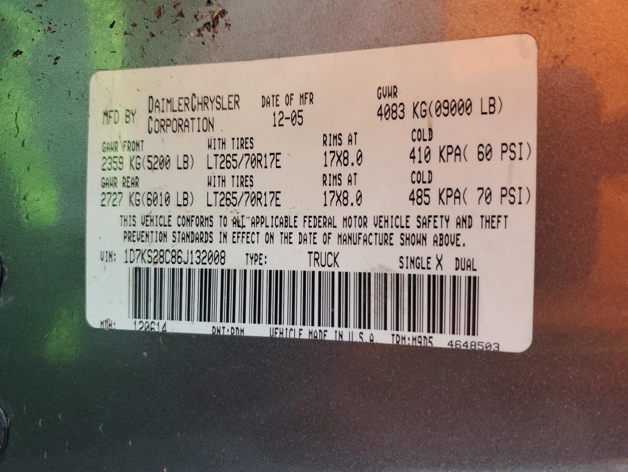 2006 Dodge Ram 2500 St VIN: 1D7KS28C86J132008 Lot: 81955345