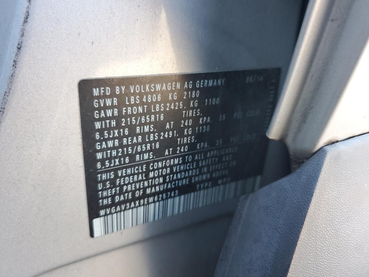 2014 Volkswagen Tiguan S VIN: WVGAV3AX9EW625743 Lot: 85905725