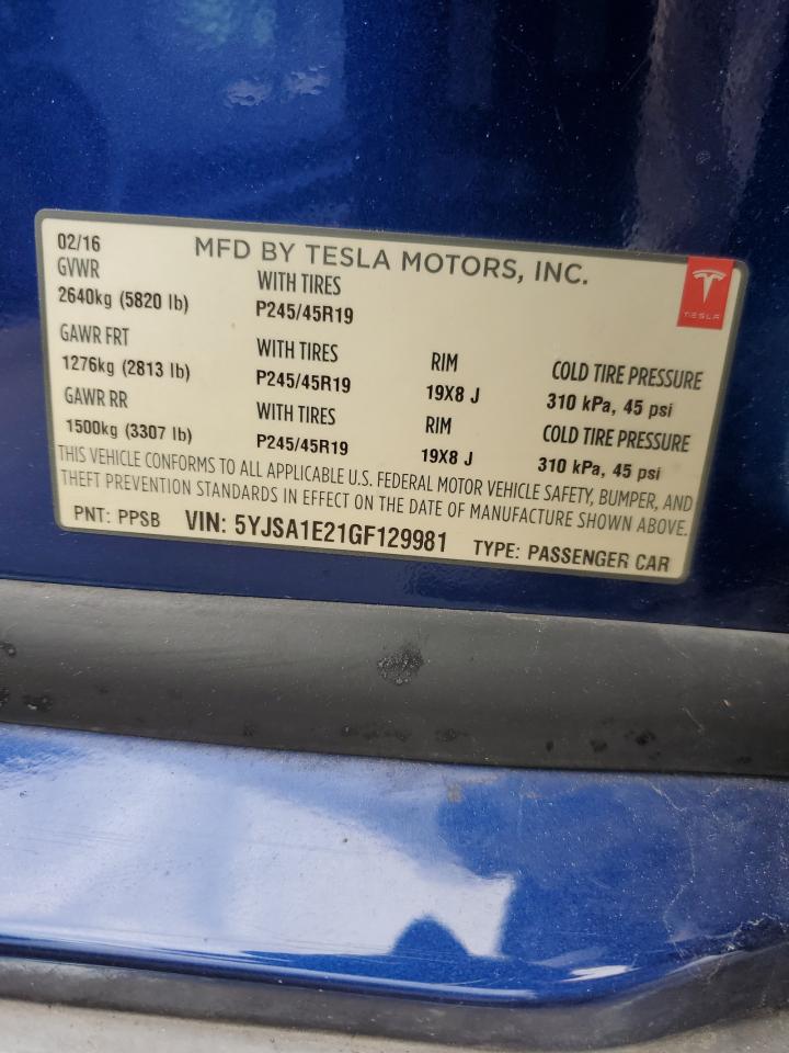 2016 Tesla Model S VIN: 5YJSA1E21GF129981 Lot: 89685865