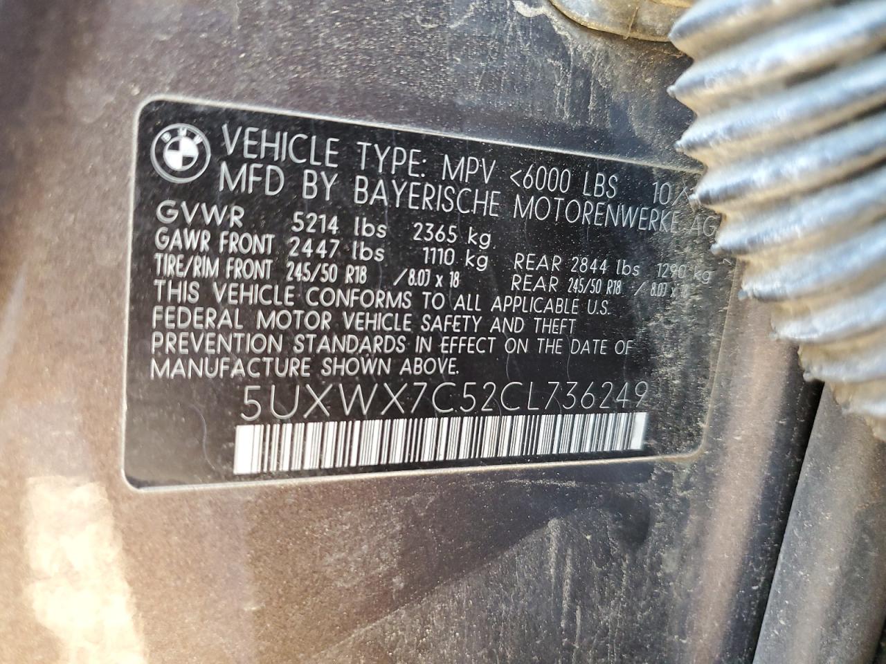 2012 BMW X3 xDrive35I VIN: 5UXWX7C52CL736249 Lot: 84861045