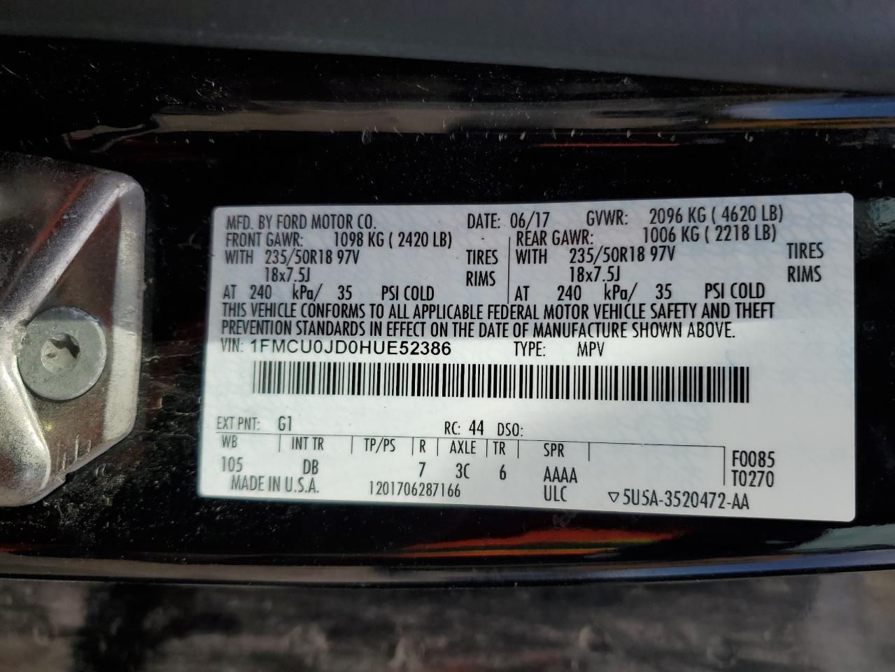 2017 Ford Escape Titanium VIN: 1FMCU0JD0HUE52386 Lot: 85726675