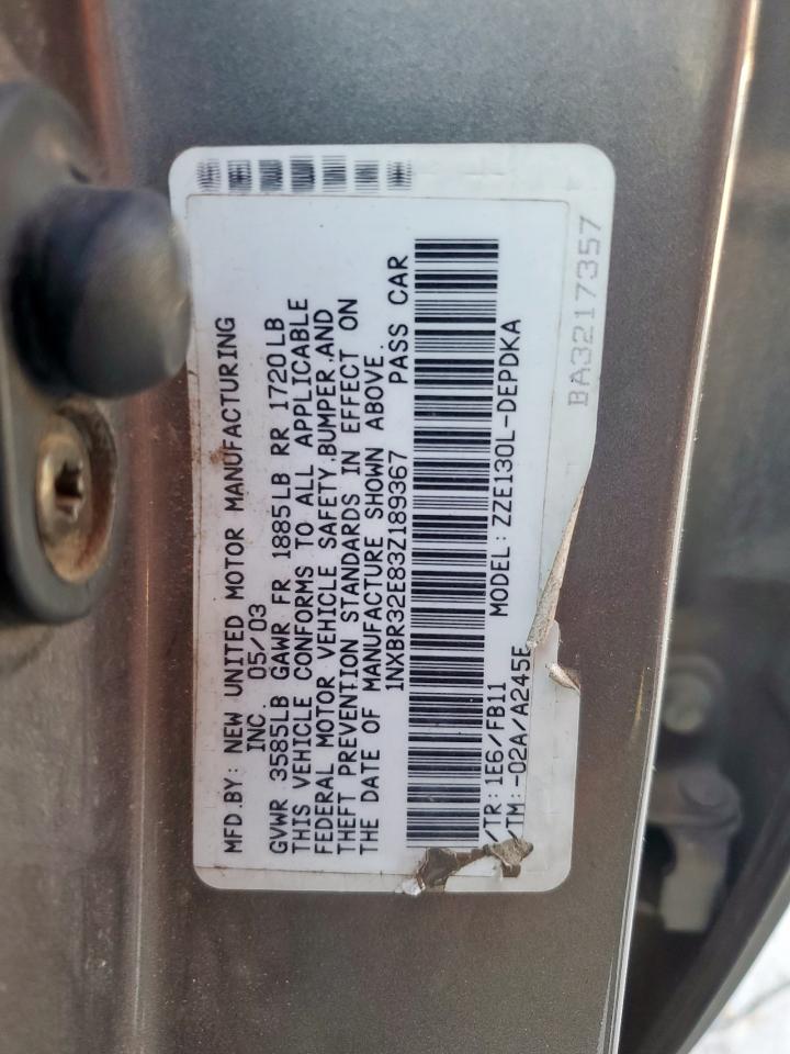 2003 Toyota Corolla VIN: 1NXBR32E83Z189367 Lot: 81938605