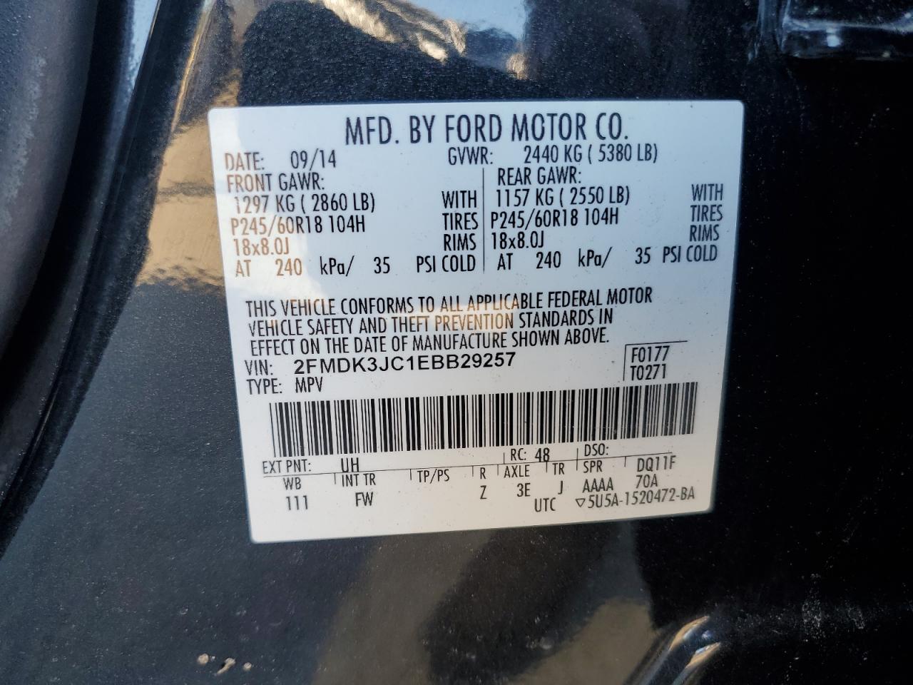 2014 Ford Edge Sel VIN: 2FMDK3JC1EBB29257 Lot: 87310595