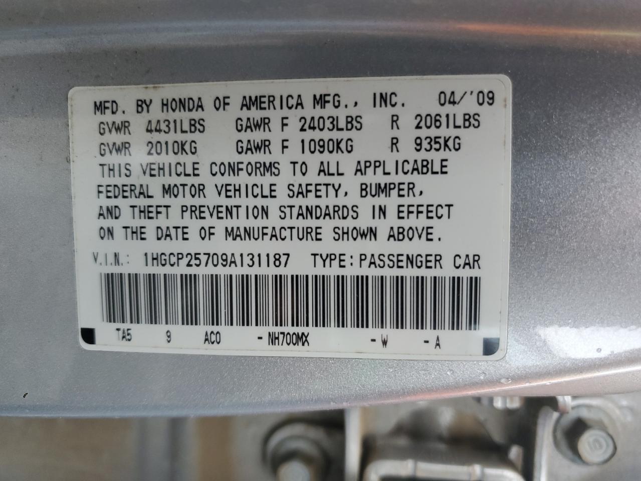 2009 Honda Accord Ex VIN: 1HGCP25709A131187 Lot: 83769785