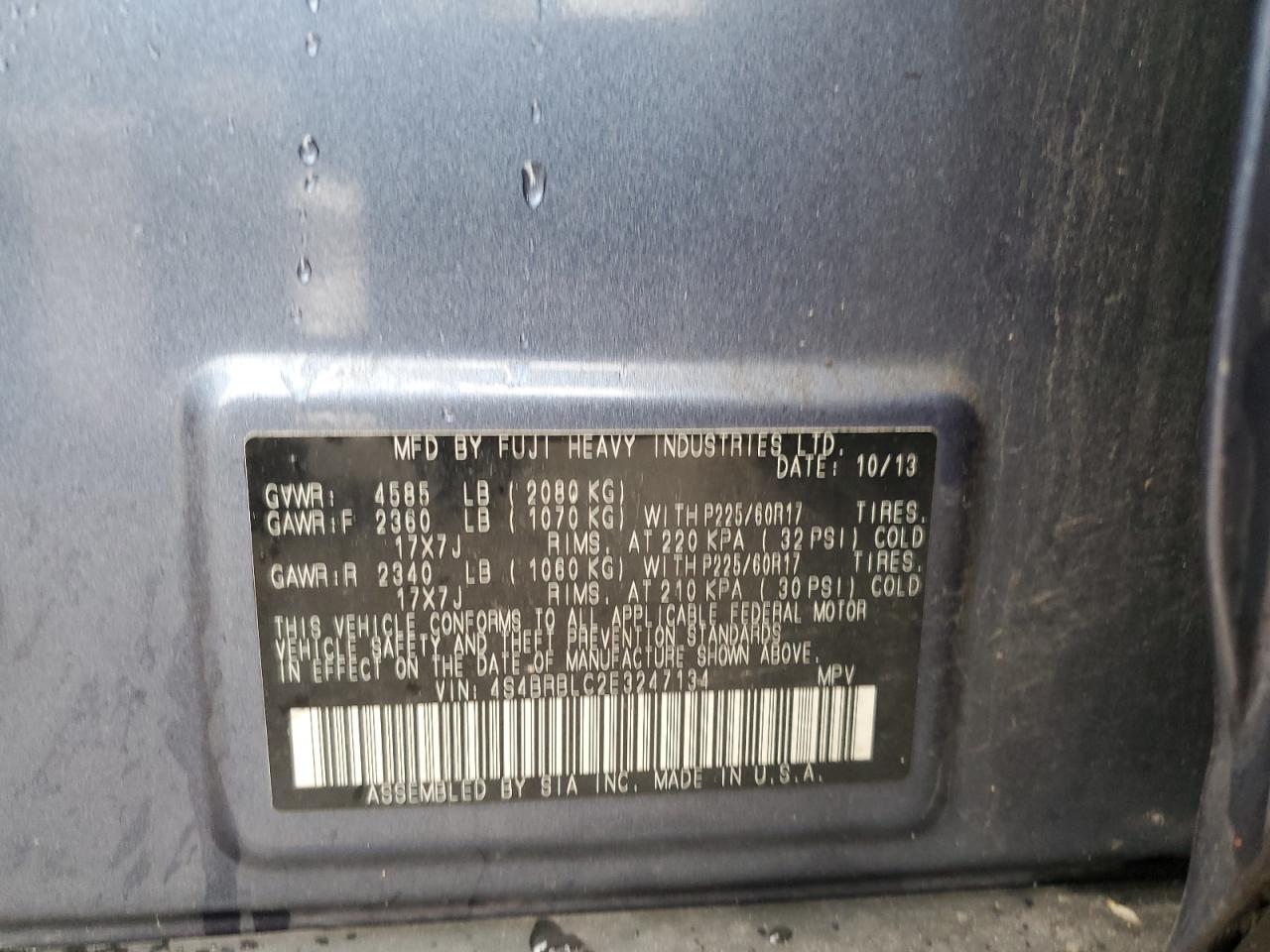 2014 Subaru Outback 2.5I Limited VIN: 4S4BRBLC2E3247134 Lot: 82466505