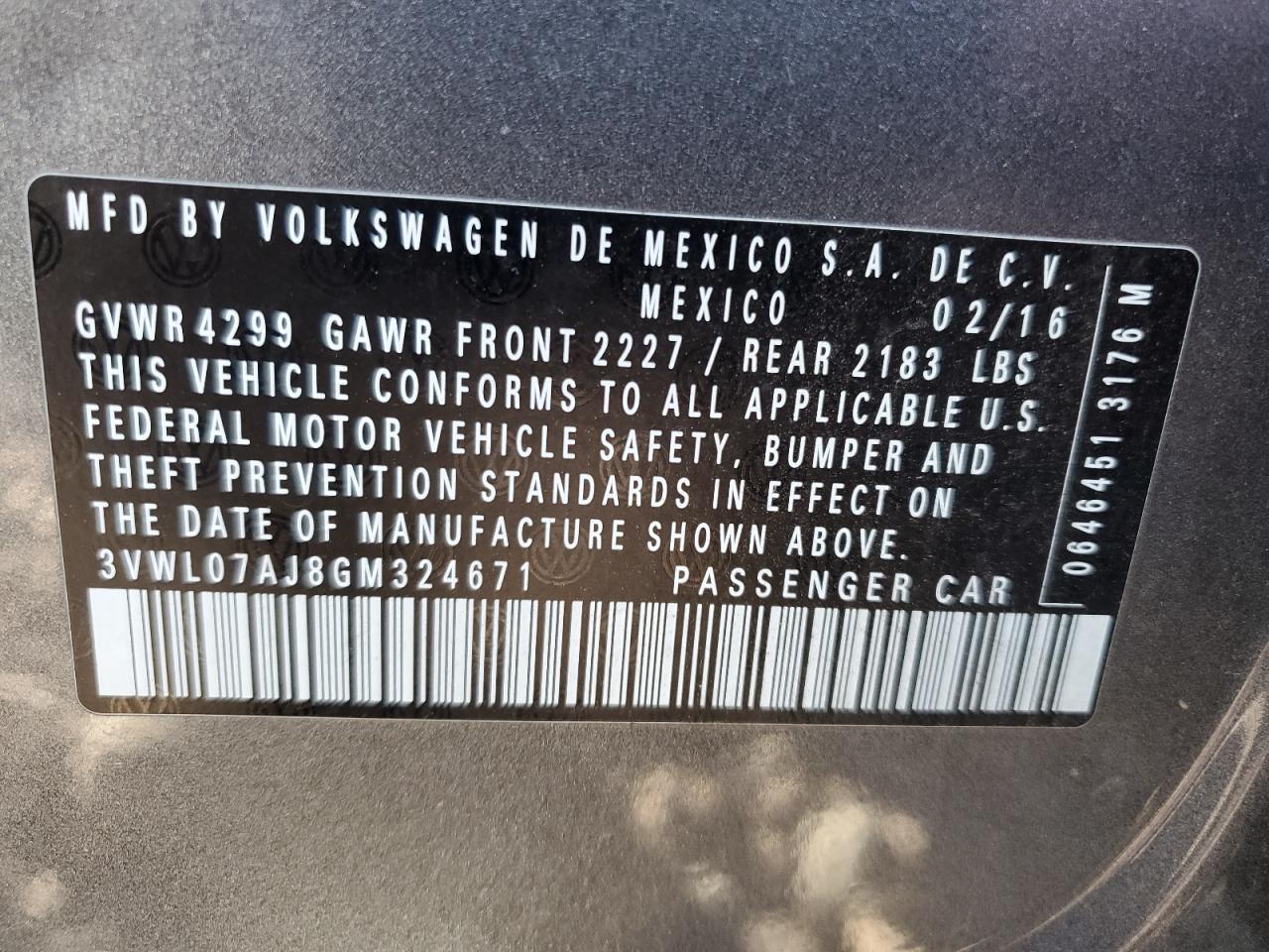 2016 Volkswagen Jetta Sel VIN: 3VWL07AJ8GM324671 Lot: 82217435