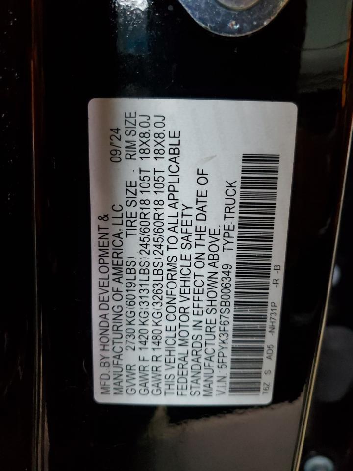 2025 Honda Ridgeline Trail Sport VIN: 5FPYK3F67SB006349 Lot: 85817435