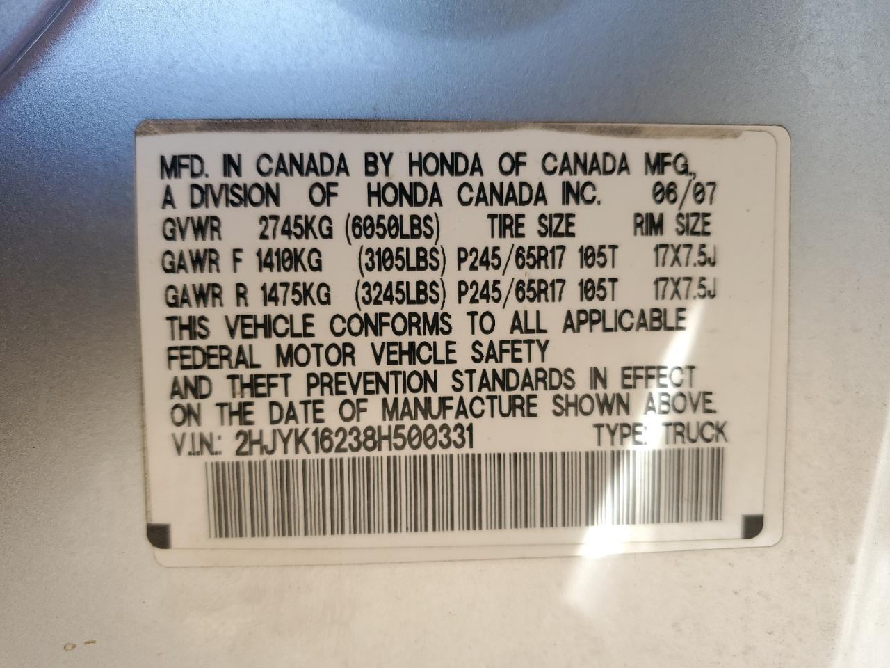 2008 Honda Ridgeline Rt VIN: 2HJYK16238H500331 Lot: 90588985