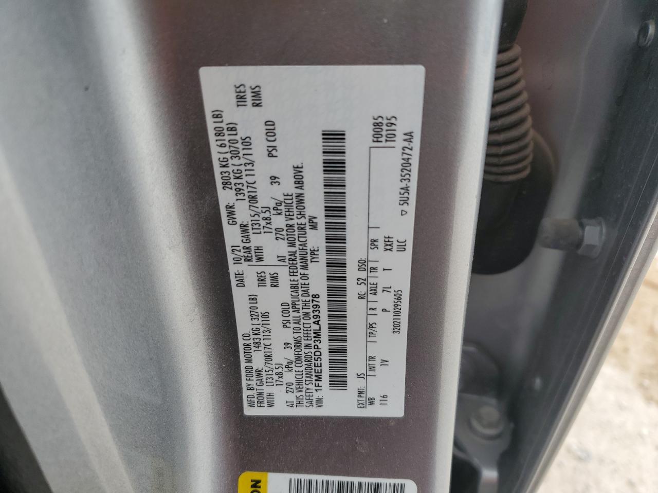 2021 Ford Bronco Base VIN: 1FMEE5DP3MLA93978 Lot: 86152735