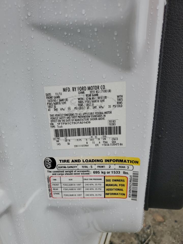 2012 Ford F150 Supercrew VIN: 1FTFW1CT5CFA01439 Lot: 85501875