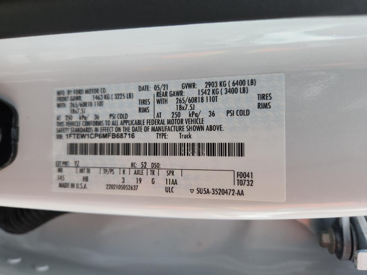 2021 Ford F150 Supercrew VIN: 1FTEW1CP6MFB68716 Lot: 86448155