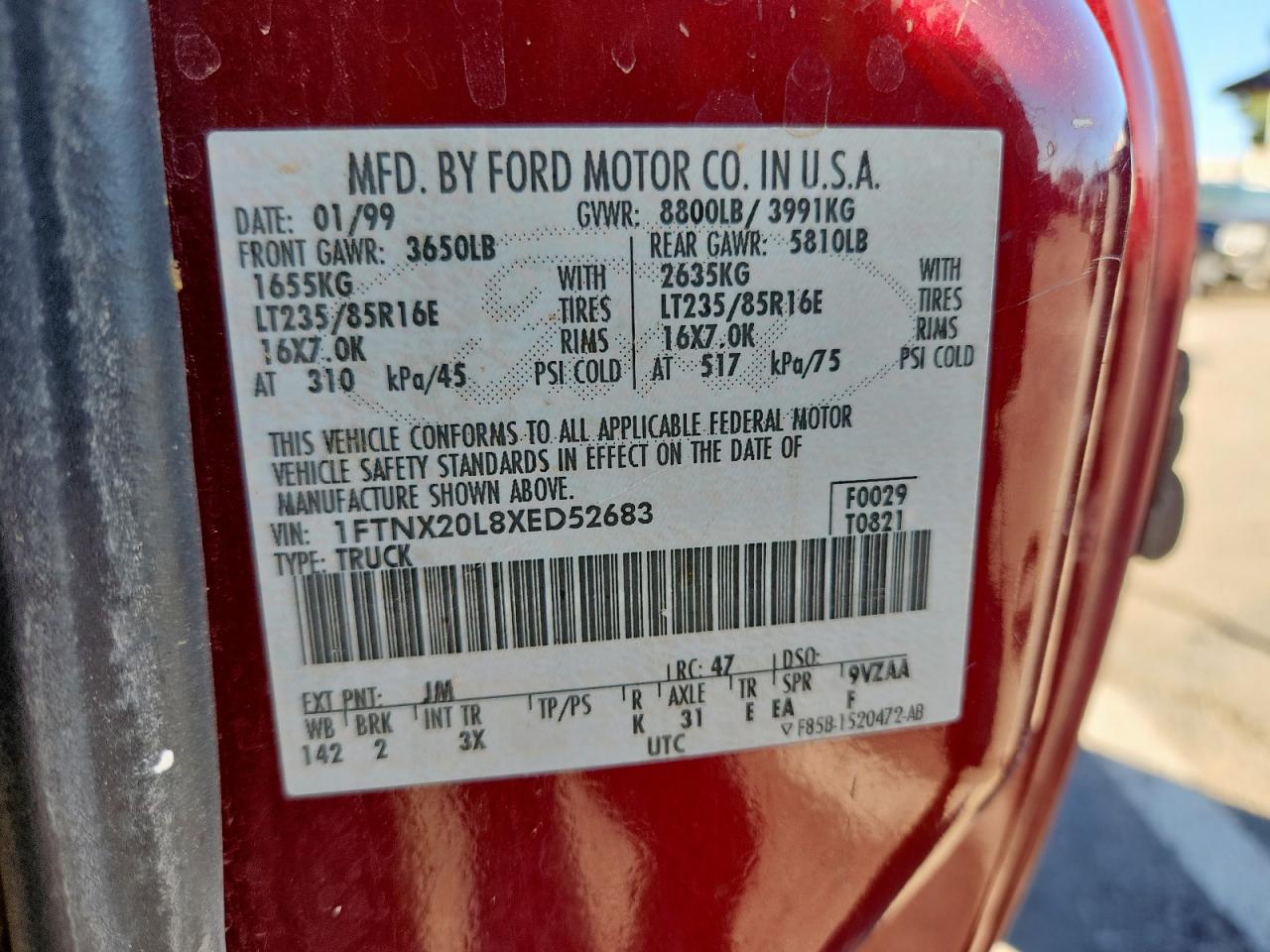 1999 Ford F250 Super Duty VIN: 1FTNX20L8XED52683 Lot: 90379625