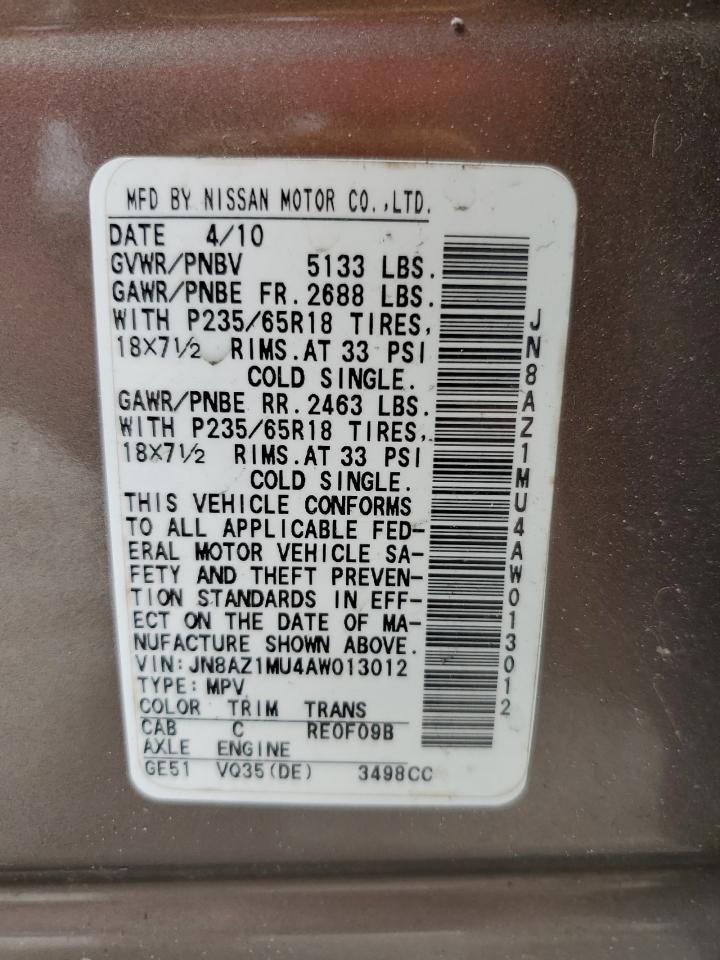 2010 Nissan Murano S VIN: JN8AZ1MU4AW013012 Lot: 84727605