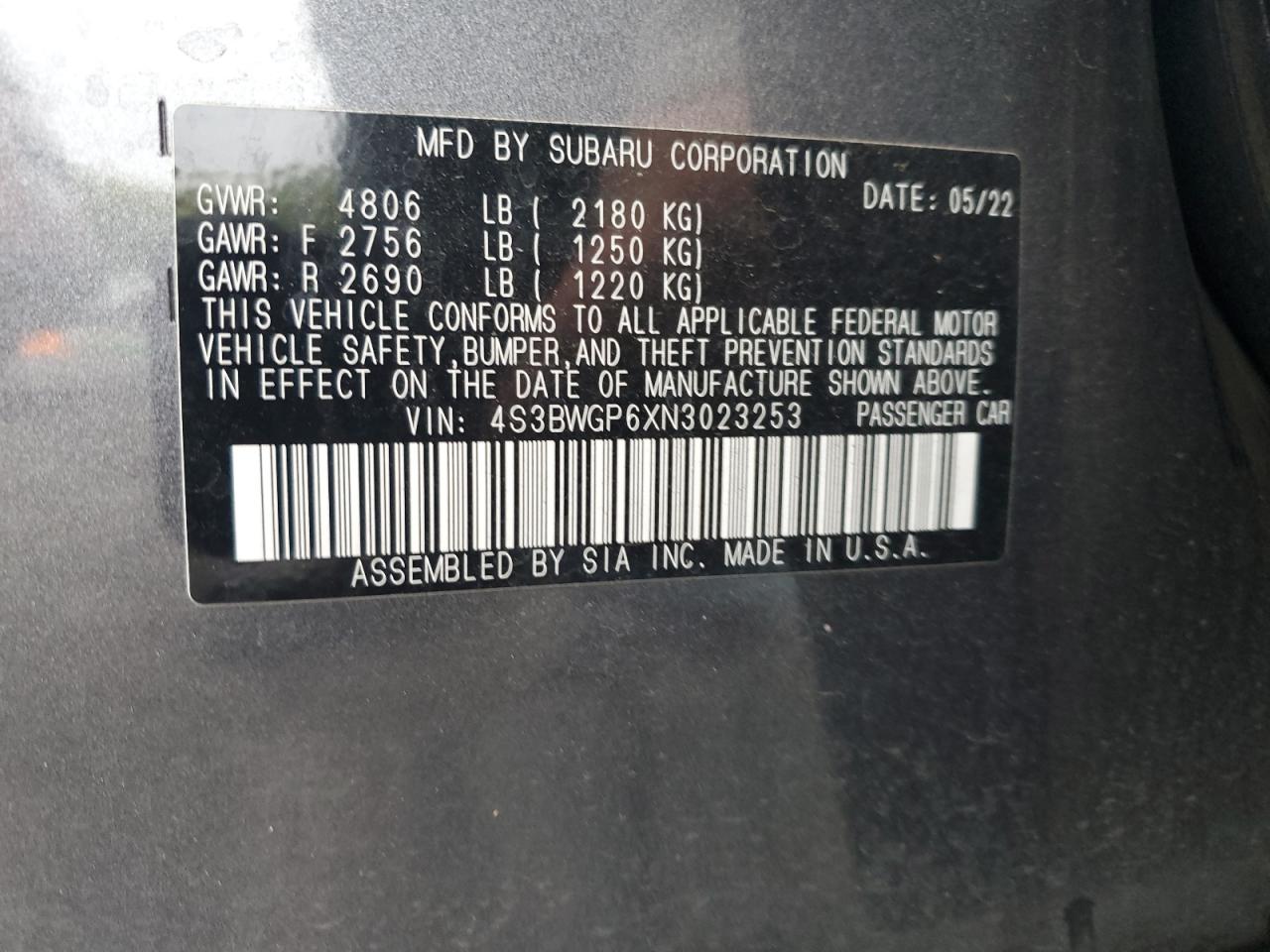 2022 Subaru Legacy Touring Xt VIN: 4S3BWGP6XN3023253 Lot: 85901805