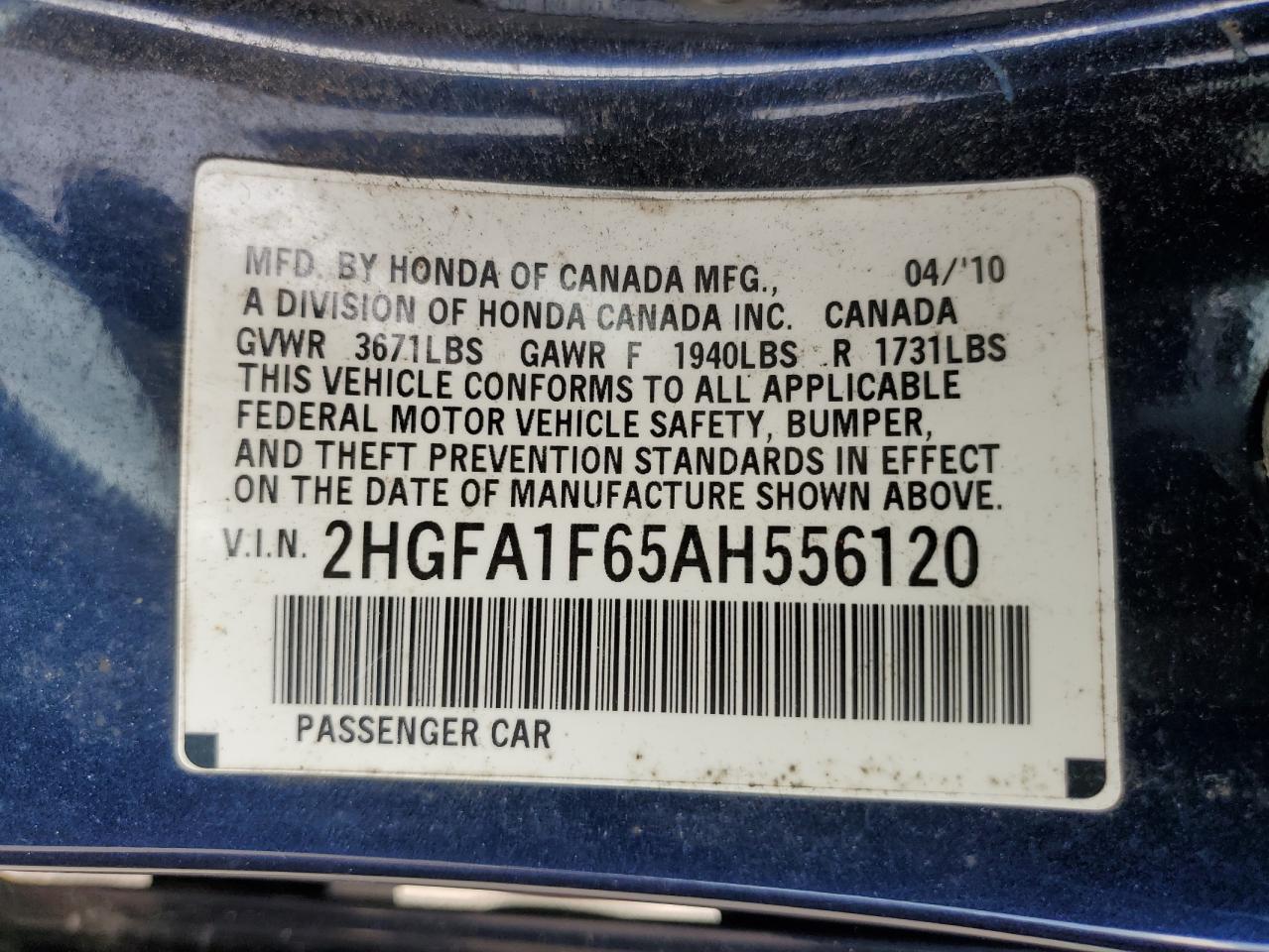 2010 Honda Civic Lx-S VIN: 2HGFA1F65AH556120 Lot: 82383625