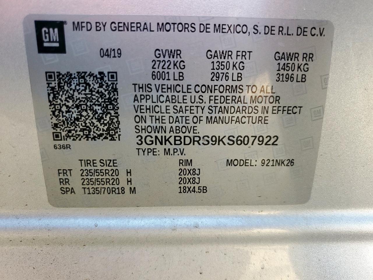 2019 Chevrolet Blazer 3Lt VIN: 3GNKBDRS9KS607922 Lot: 82238835