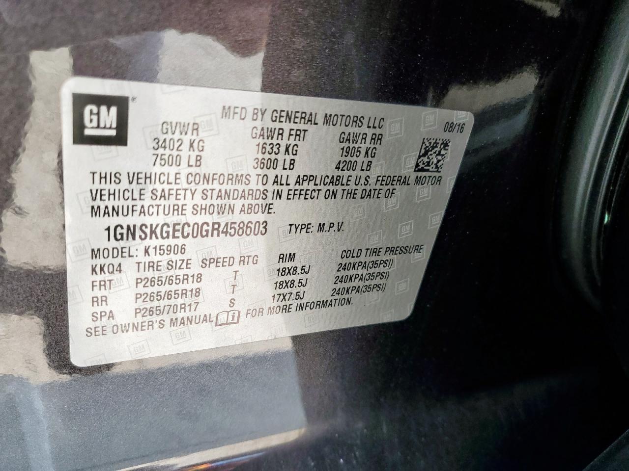 2016 Chevrolet Suburban K1500 Ls VIN: 1GNSKGEC0GR458603 Lot: 86437725