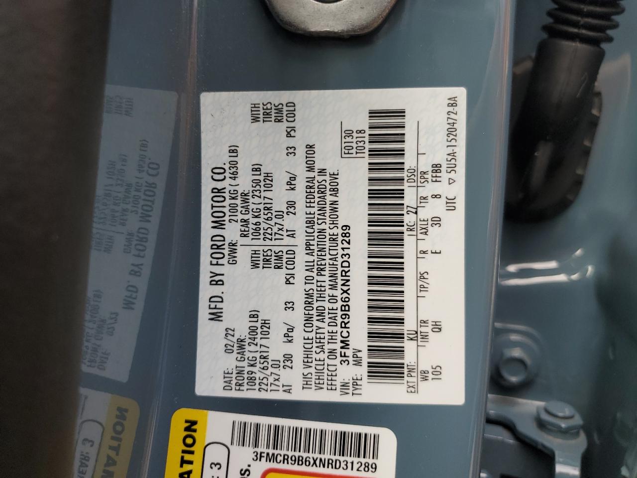 2022 Ford Bronco Sport Big Bend VIN: 3FMCR9B6XNRD31289 Lot: 84242245