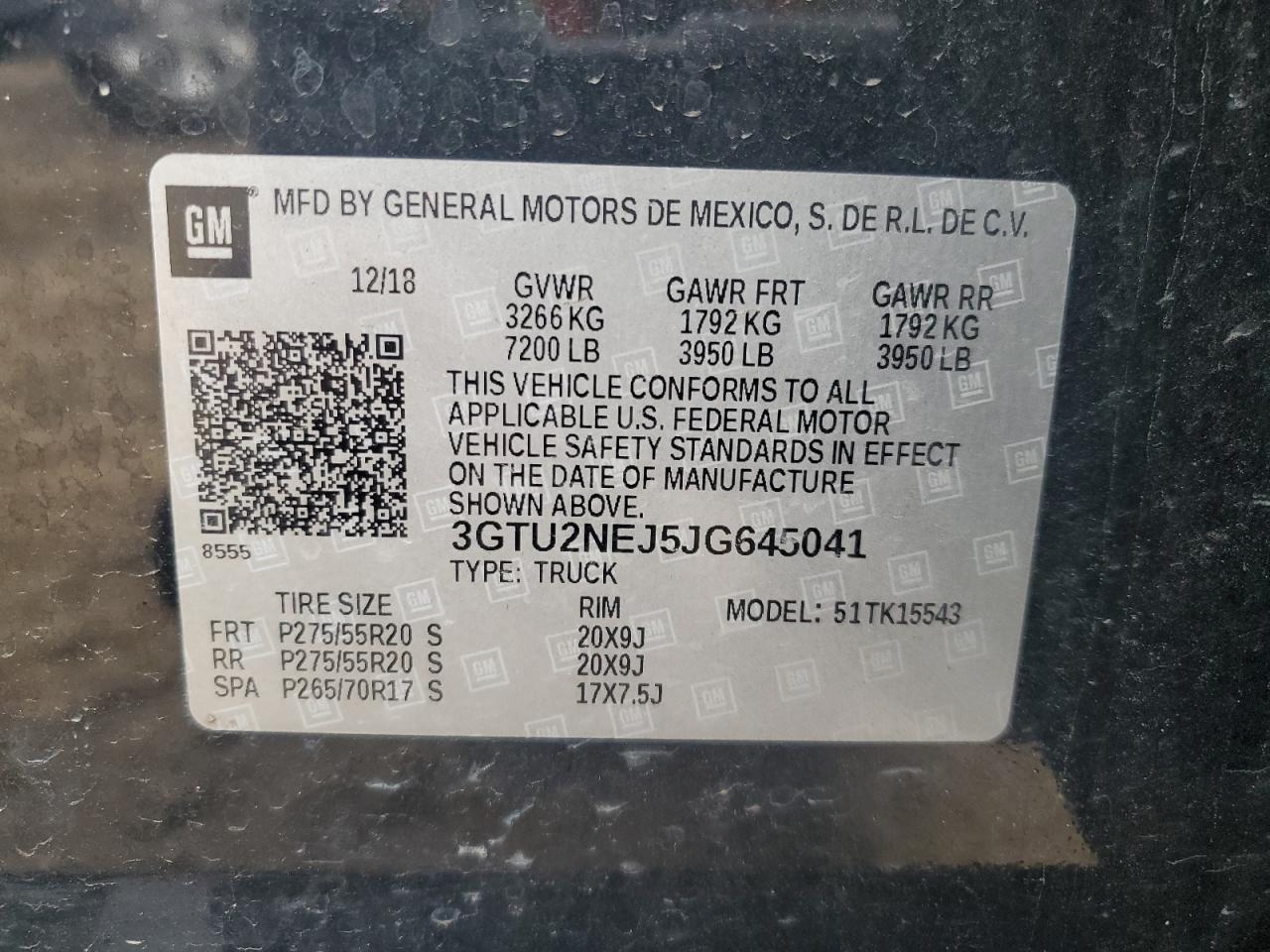 2018 GMC Sierra K1500 Slt VIN: 3GTU2NEJ5JG645041 Lot: 90222545