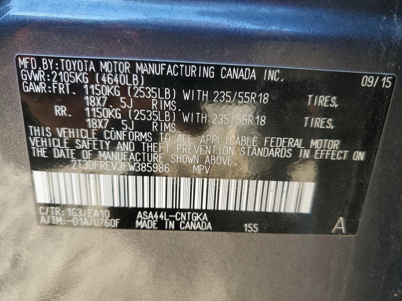 2015 Toyota Rav4 Limited VIN: 2T3DFREV3FW385986 Lot: 85818185