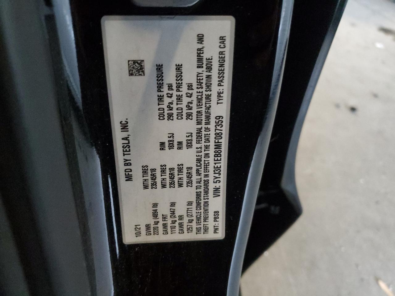 2021 Tesla Model 3 VIN: 5YJ3E1EB8MF087359 Lot: 90709825