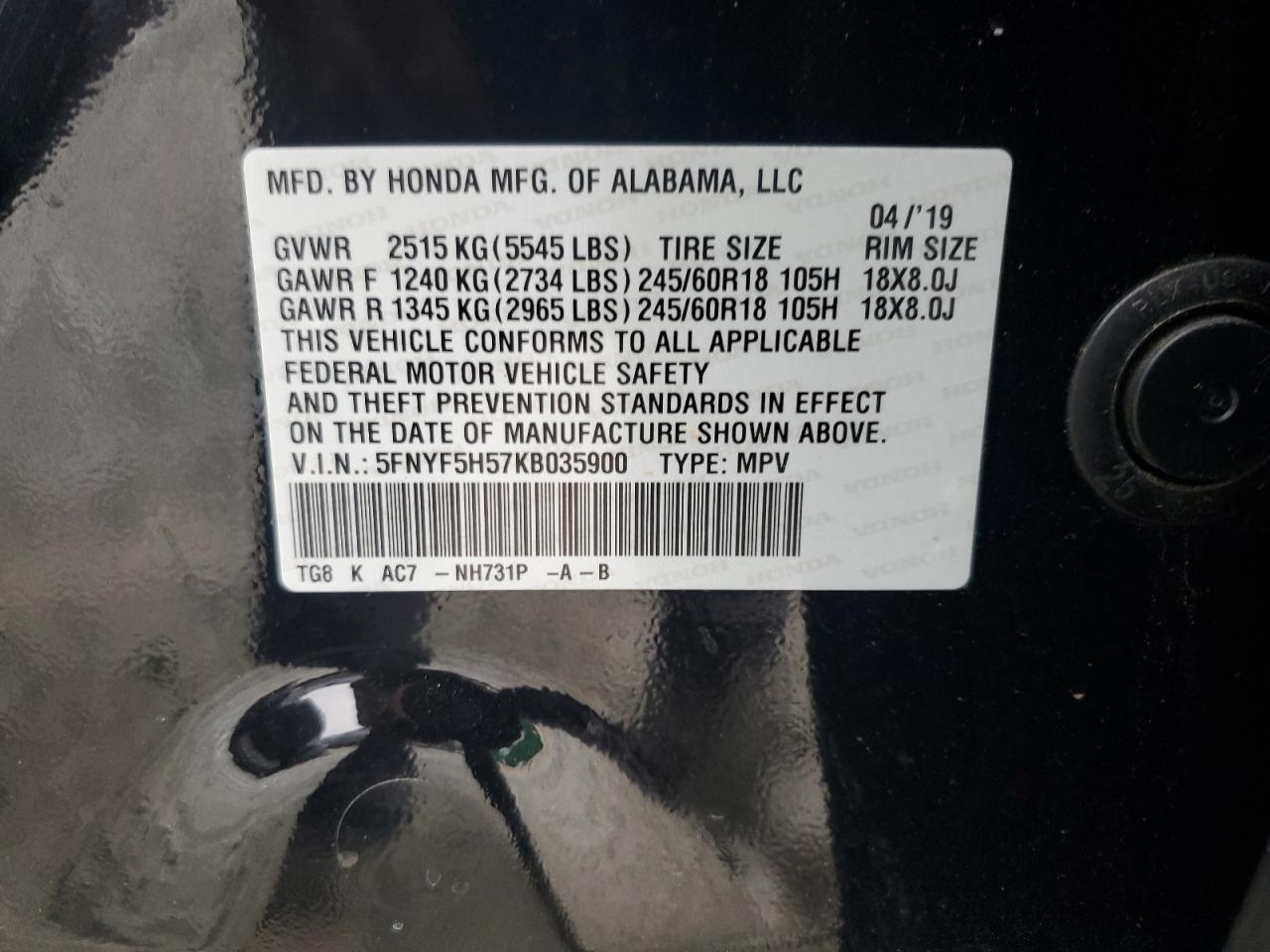 2019 Honda Pilot Exl VIN: 5FNYF5H57KB035900 Lot: 85684095