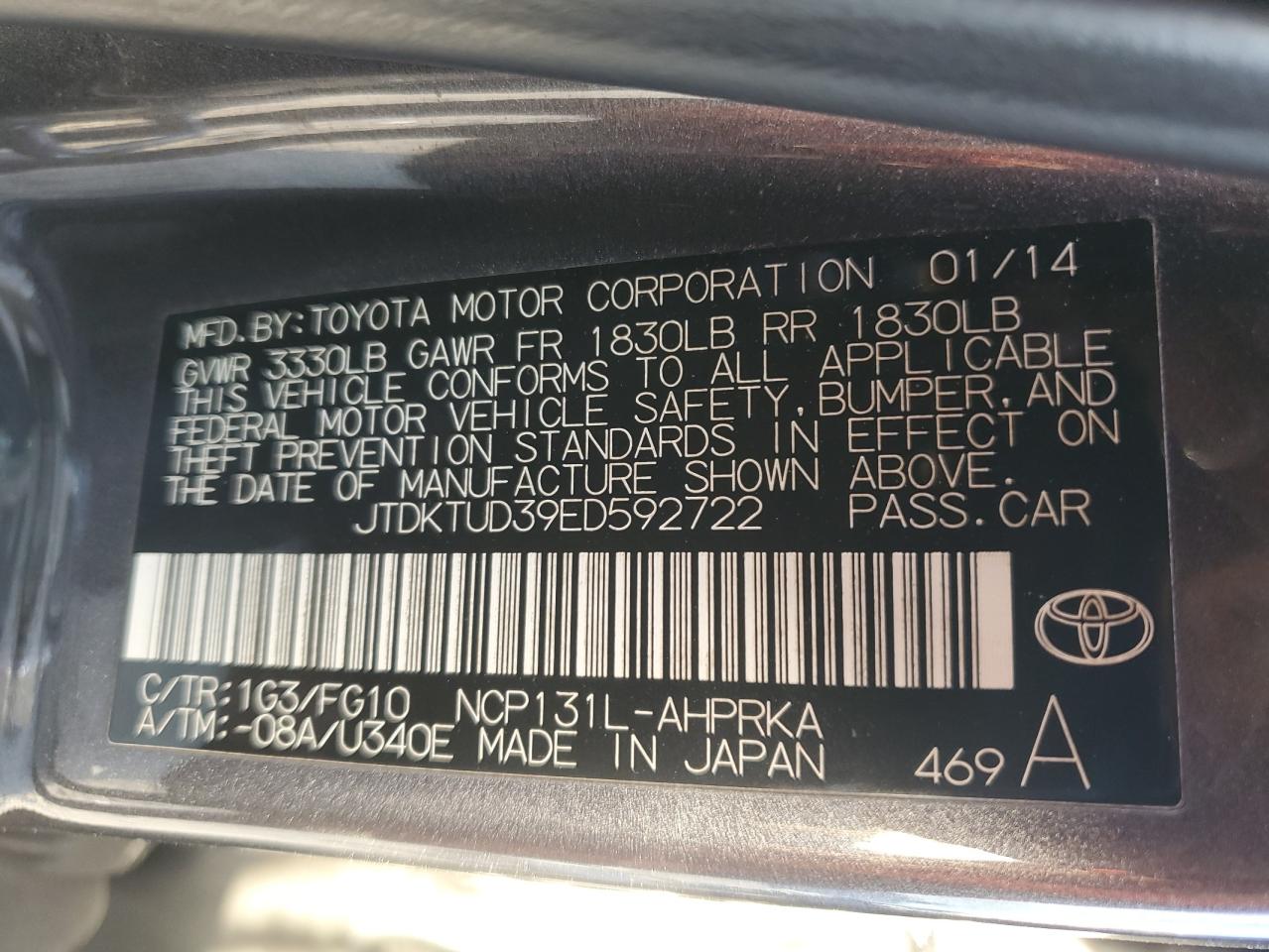 2014 Toyota Yaris VIN: JTDKTUD39ED592722 Lot: 81881935