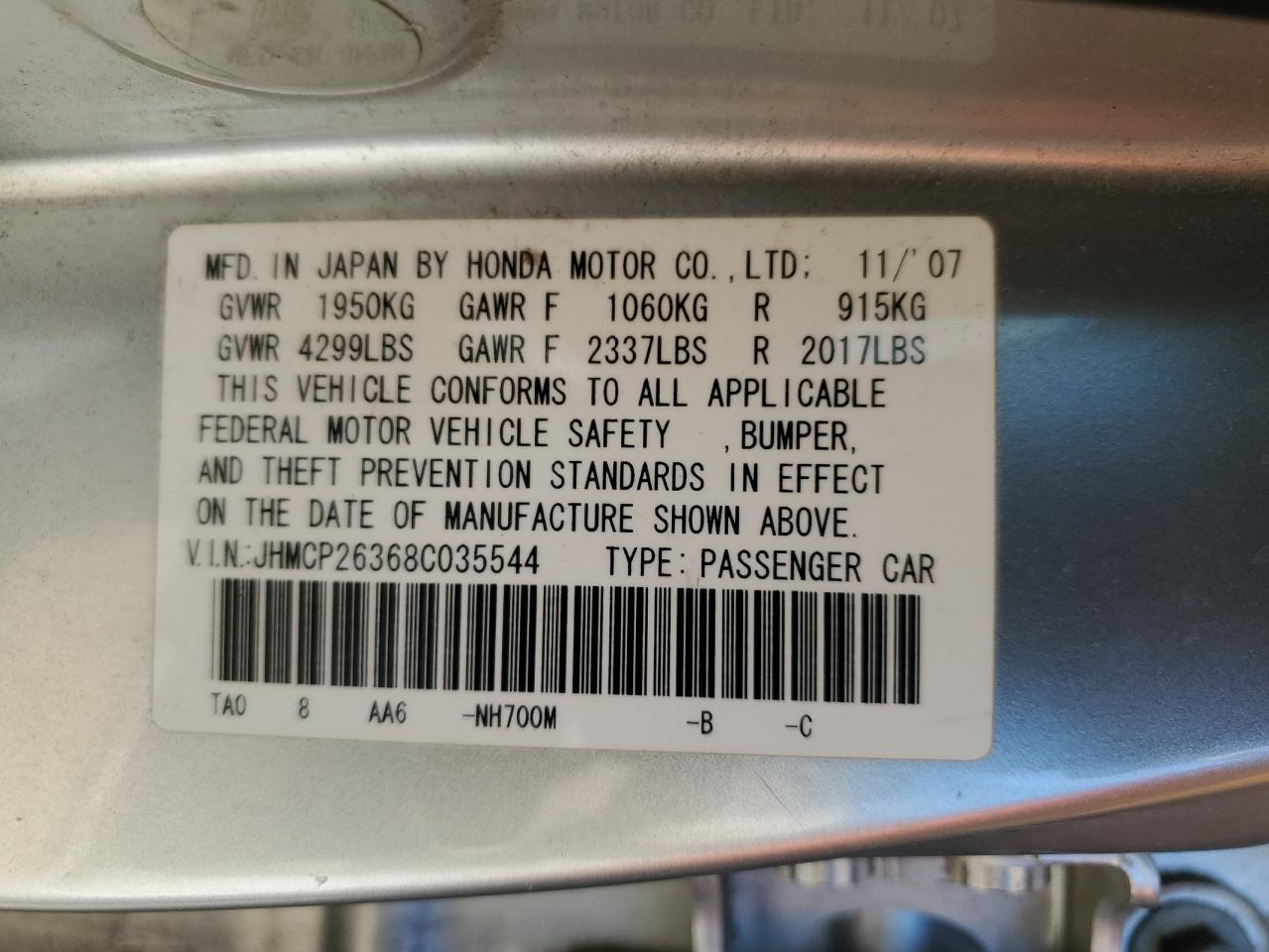 2008 Honda Accord Lx VIN: JHMCP26368C035544 Lot: 85739385