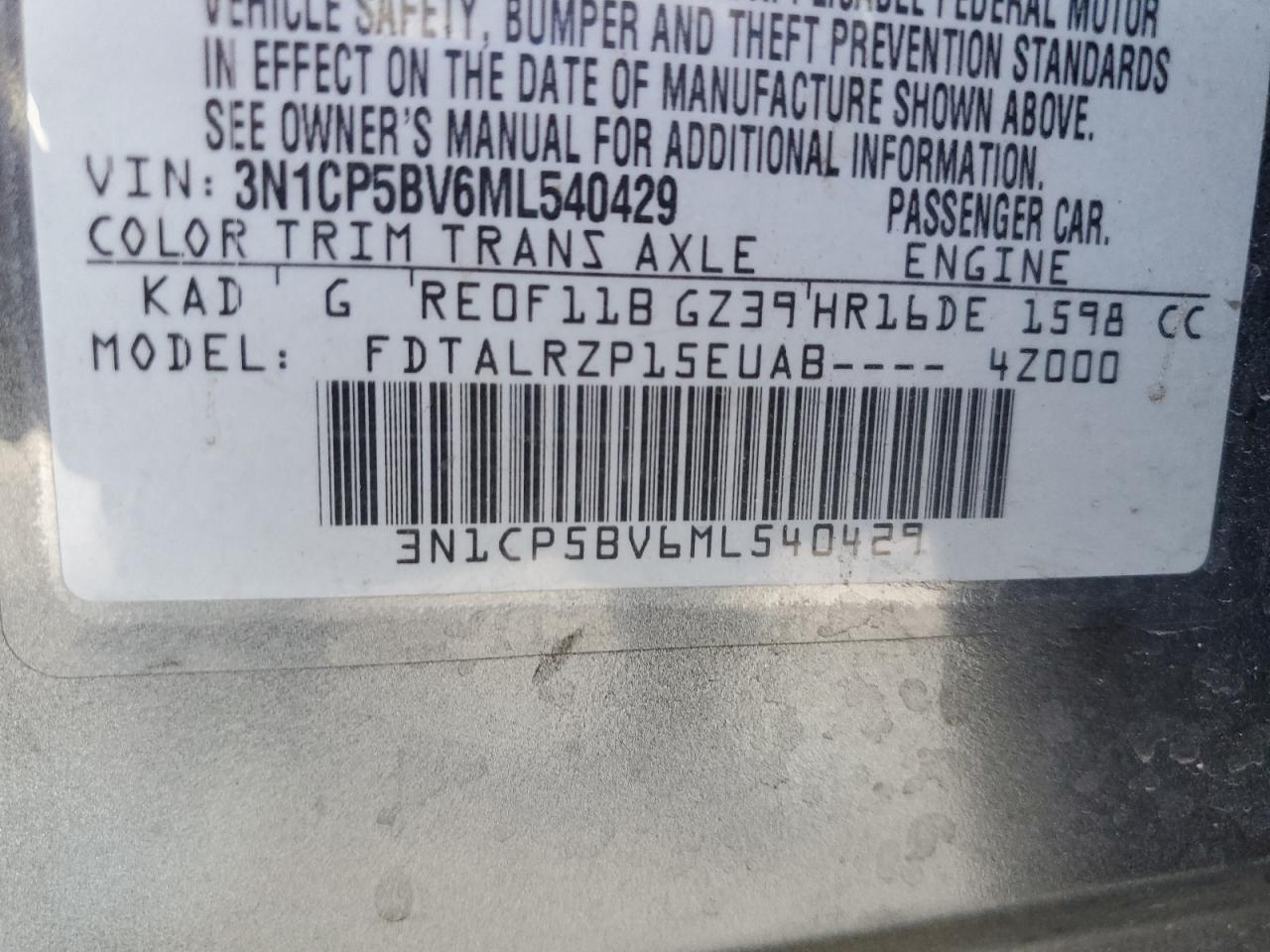 2021 Nissan Kicks S VIN: 540429 Lot: 86592555