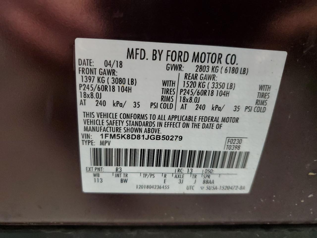 2018 Ford Explorer Xlt VIN: 1FM5K8D81JGB50279 Lot: 82219685