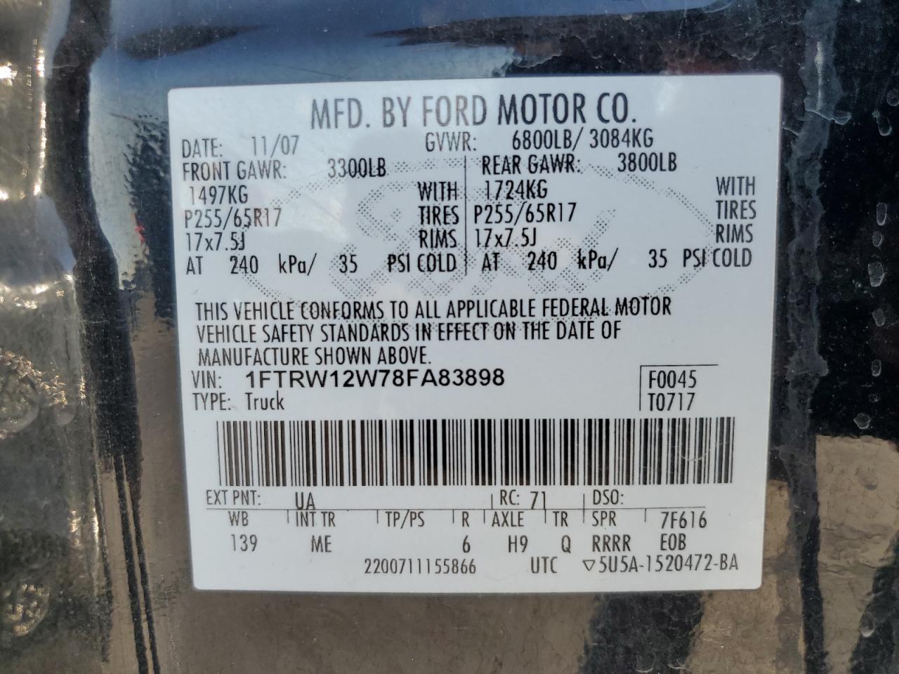 2008 Ford F150 Supercrew VIN: 1FTRW12W78FA83898 Lot: 86145015