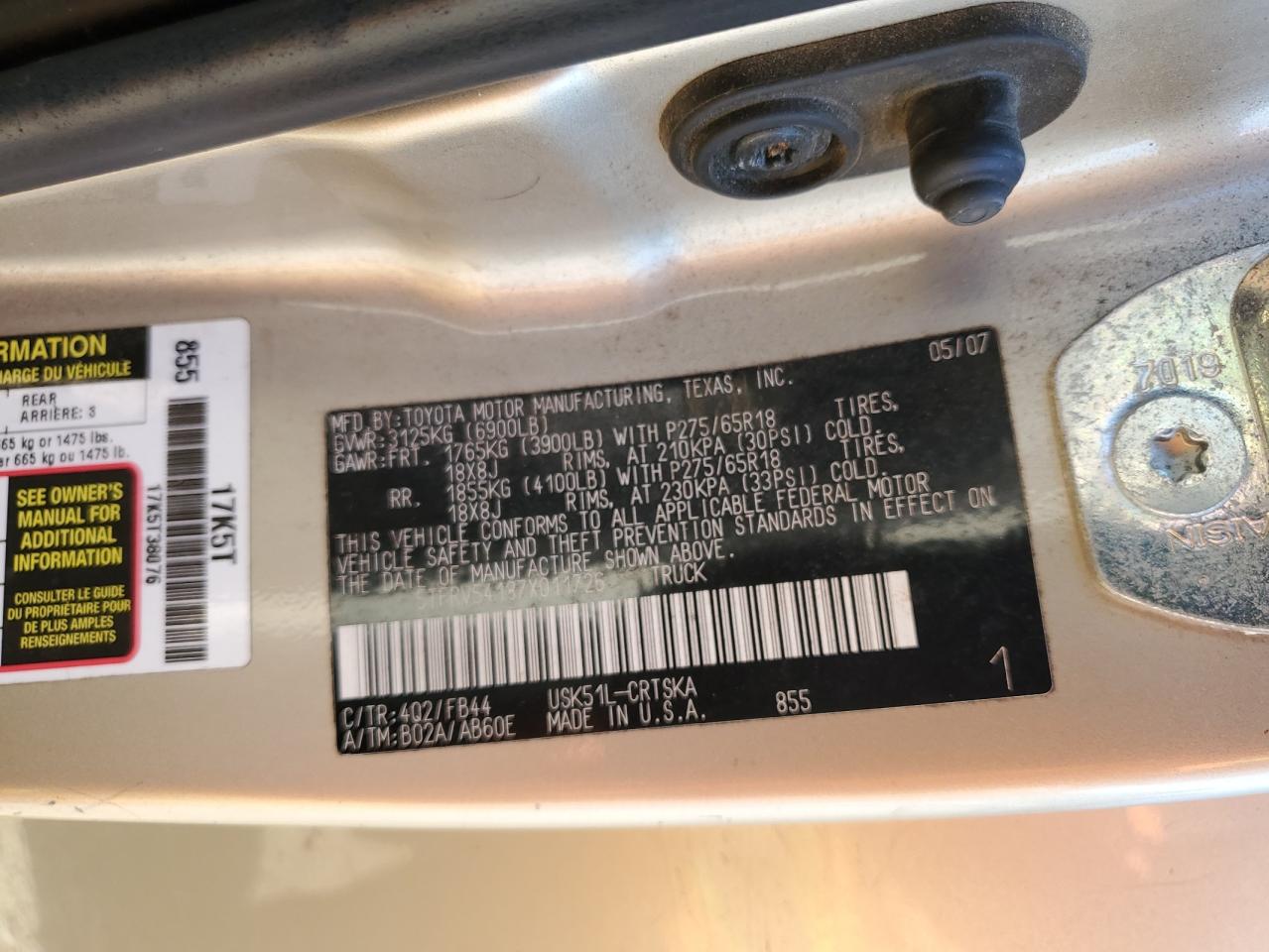 2007 Toyota Tundra Double Cab Sr5 VIN: 5TFRV54187X011726 Lot: 86243715