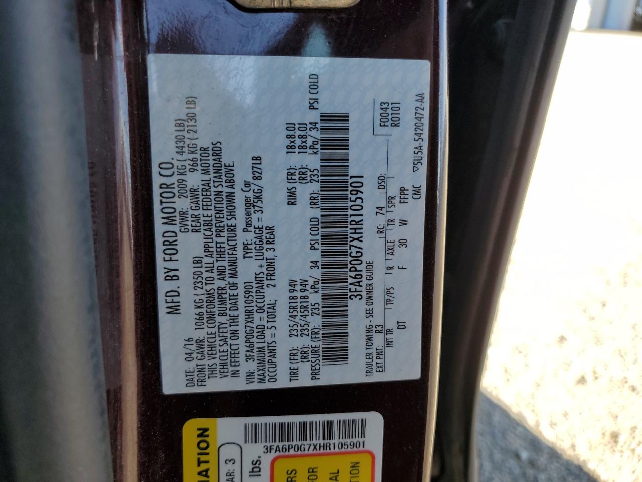 2017 Ford Fusion S VIN: 3FA6P0G7XHR105901 Lot: 85575955