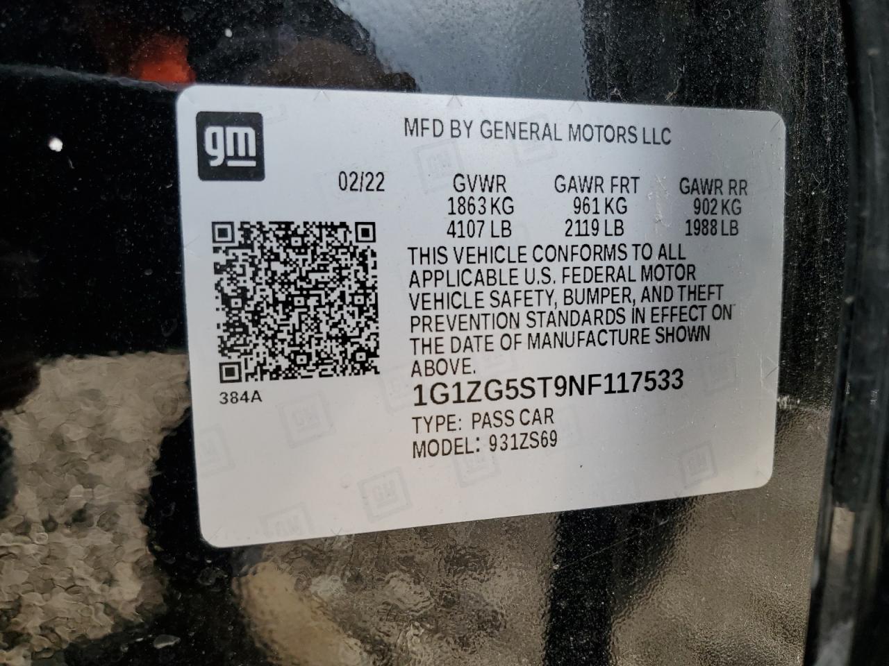 2022 Chevrolet Malibu Rs VIN: 1G1ZG5ST9NF117533 Lot: 81943725