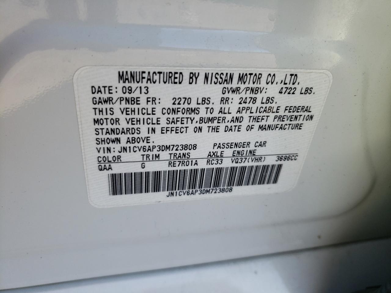 2013 Infiniti G37 Base VIN: JN1CV6AP3DM723808 Lot: 87080255