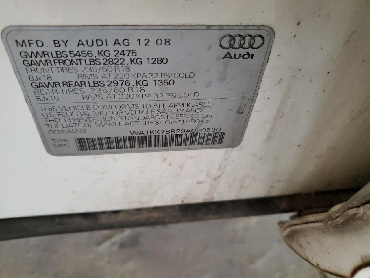 2009 Audi Q5 3.2 VIN: WA1KK78R29A020590 Lot: 86115025