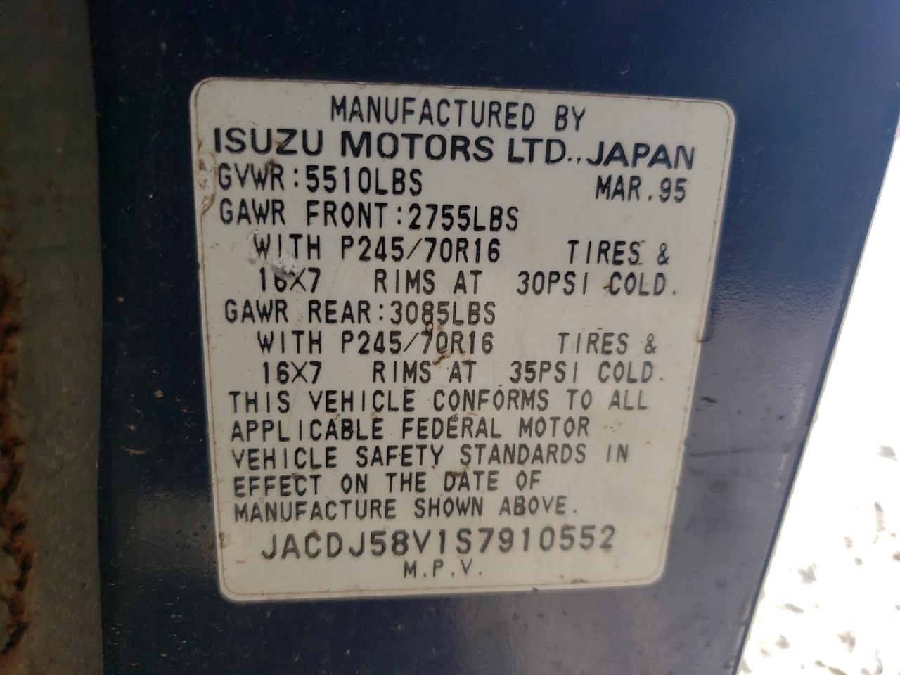 1995 Isuzu Trooper S VIN: JACDJ58V1S7910552 Lot: 86211345