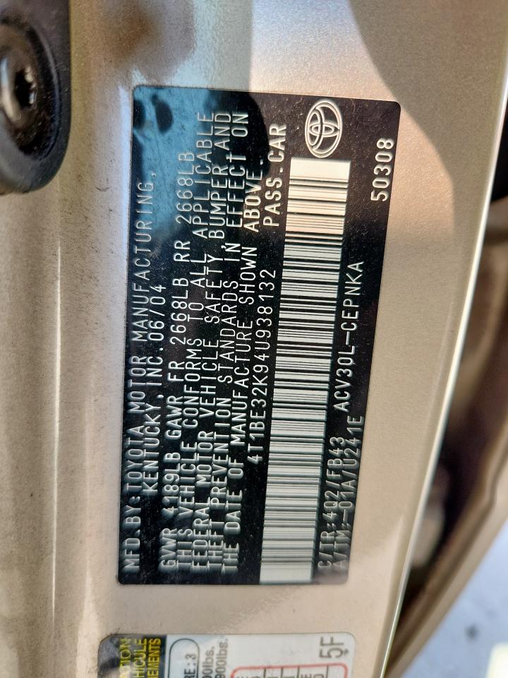 2004 Toyota Camry Le VIN: 4T1BE32K94U938132 Lot: 82270525