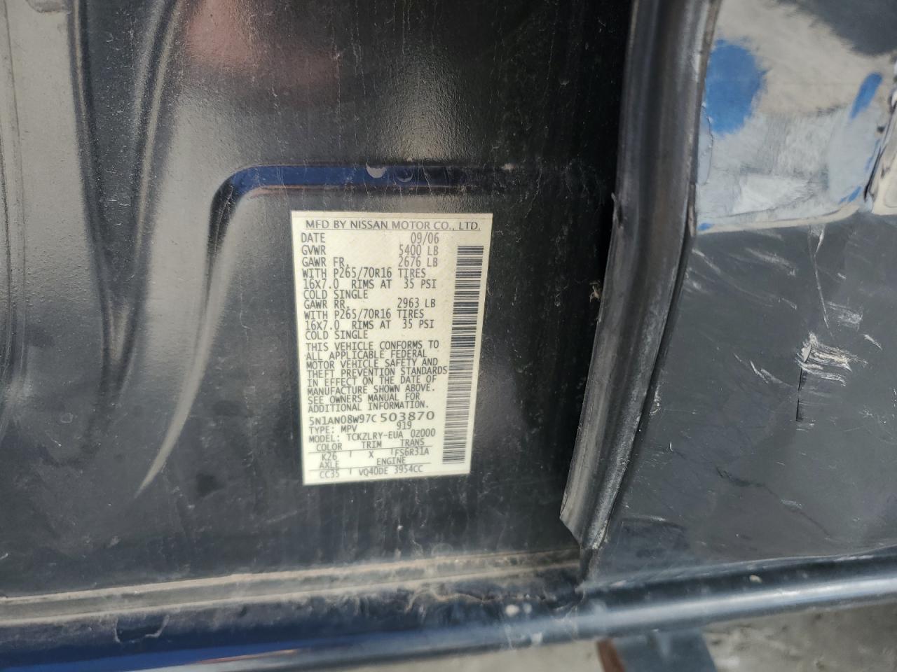 2007 Nissan Xterra Off Road VIN: 5N1AN08W97C503870 Lot: 85374075