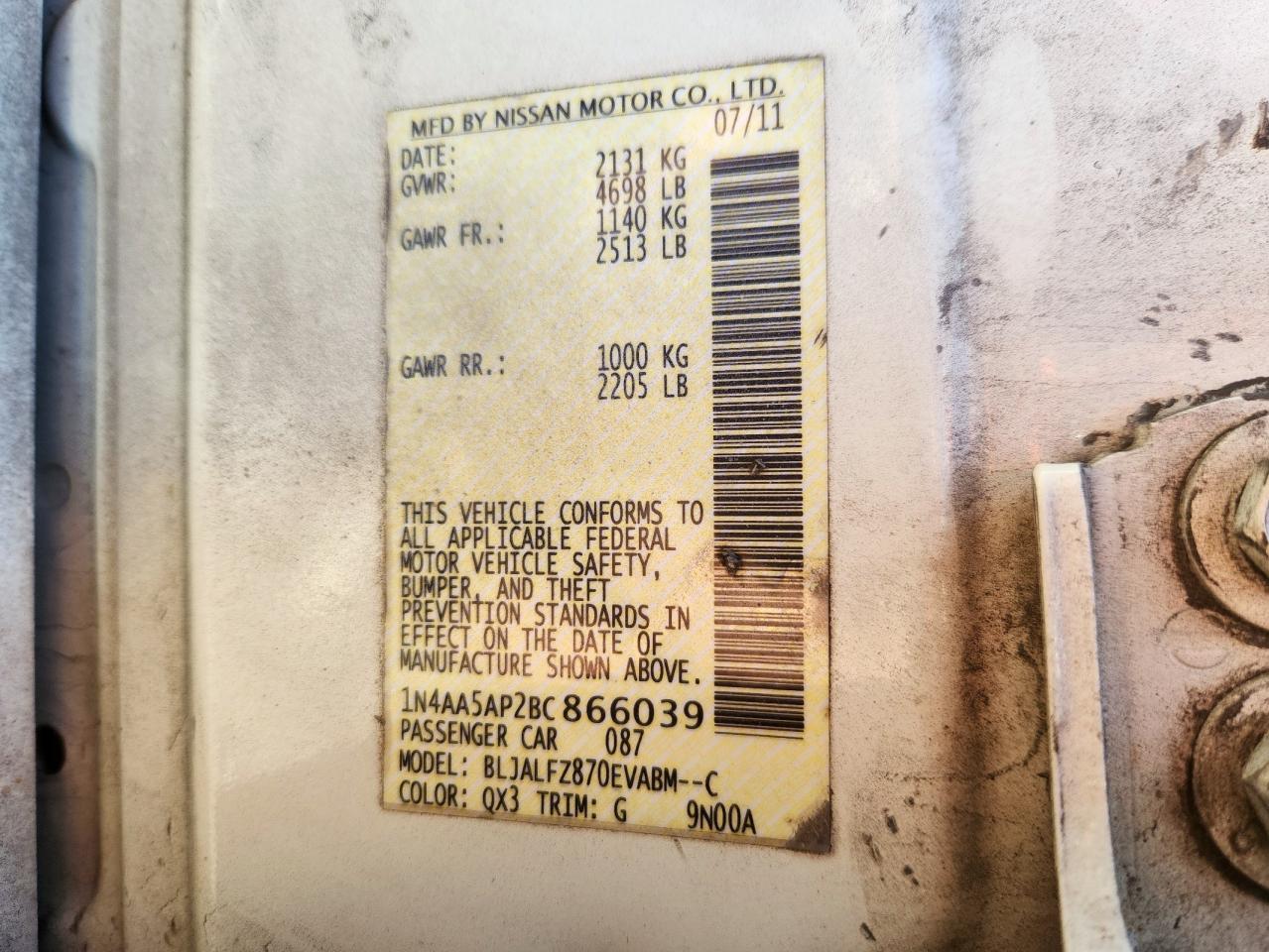 2011 Nissan Maxima S VIN: 1N4AA5AP2BC866039 Lot: 90329865